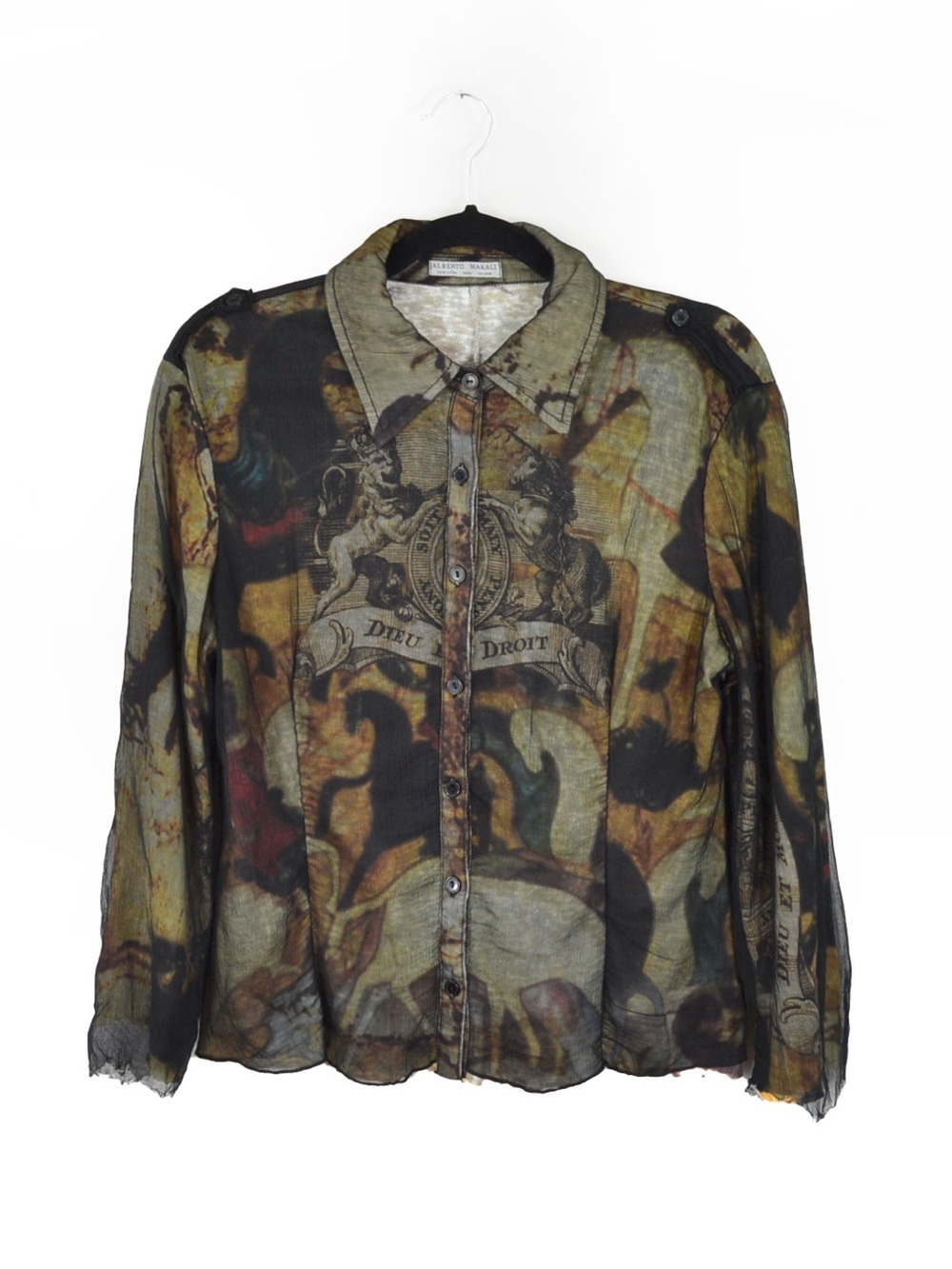 Vintage 90s 00s Alberto Makali Medieval Graphic Overlay Long Sleeve Blouse Top